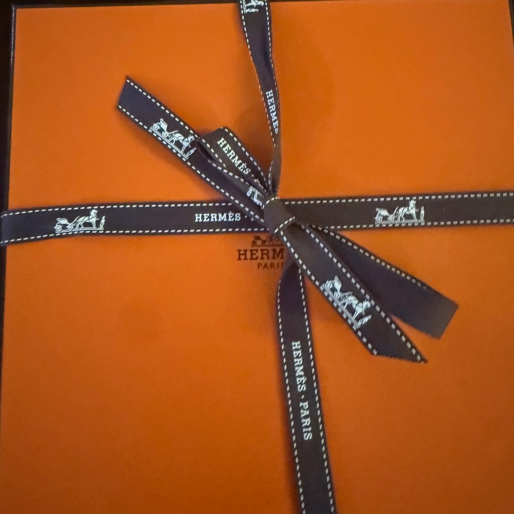 Empty Hermes Orange Box (smaller square), tissue, brown ribbon, and dustbag